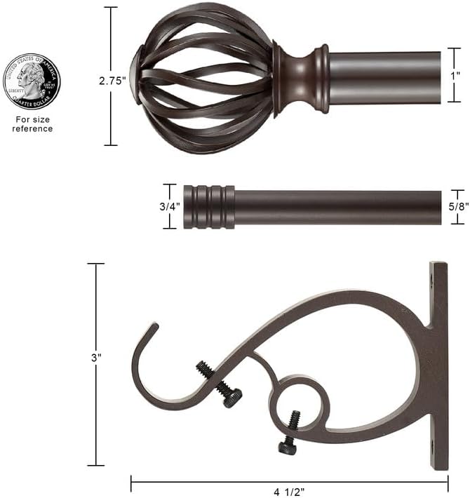 Brown Double Curtain Rods 72-144", Decorative Double Curtain Rods with Round Cage & Barrel Finials, 1-Inch Front and 5/8 Inch Back Double Rod Curtain Rod, Adjustable Double Drapery Rod