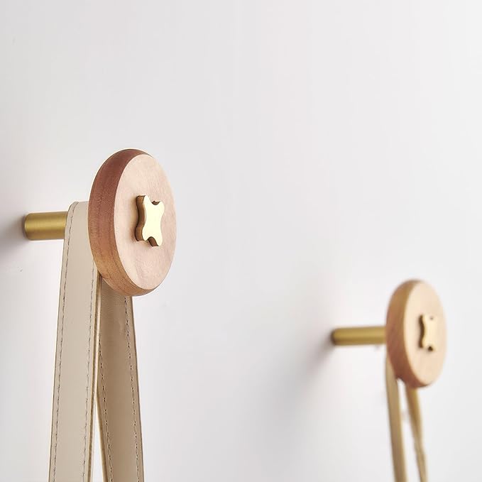 TECI Solid Brass & Maple/Mahogany Wall Hooks 2 Pack - Decorative Heavy Duty Coat Hooks with Vintage Cross Screw Design for Entryway, Bathroom, Luxury Spaces TC008F