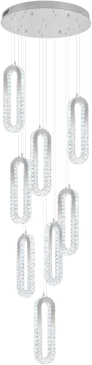 8 Rings Crystal Chandelier,H 118" Modern Silver Pendant Light Luxury Foyer Lighting Fixture High Ceiling Chandelier for Entryway,Staircase,Living Room,Villa LED Dimmable 2700K-6000K