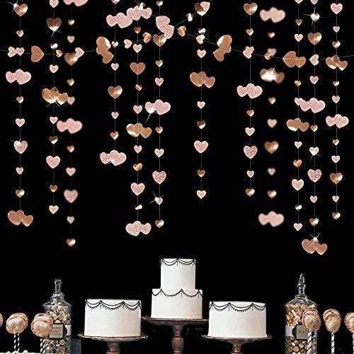 Valentines Day Party Decorations Champagne Gold Heart Garland Metallic Glitter Paper Love Heart Streamer Banner for Anniversary Mothers Day Engagement Bridal Shower Wedding Bachelorette Birthday Party