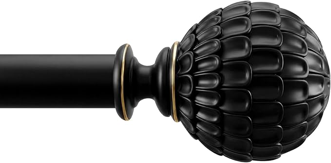 Matte Black Curtain Rod for Windows 48 to 84 inch, 1-inch Heavy-Duty Adjustable Curtain Rod with Decorative Pinecone finials for Farmhouse Living room, Bedroom, Dining room