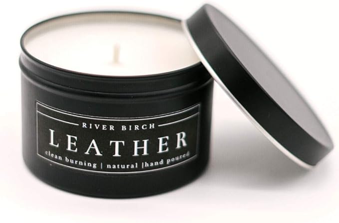 River Birch Leather Scented Candle - Premium, Natural, Non-Toxic, Soy Candles Ideal for Home Decor & Cozy Gifts - Black Matte Tin - 8 oz