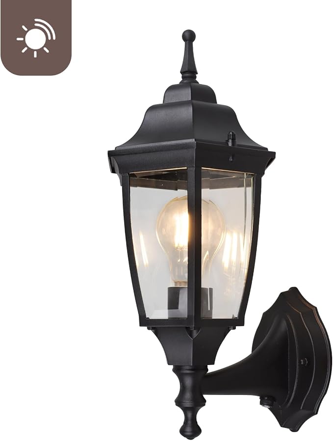 Photocell-Controlled Outdoor Wall Light – Die-Cast Aluminum & Glass Water-Resistant Exterior Fixture, Wet Location Rated, E26 Base (60W Max) for Porch, Garage, Garden（Black）