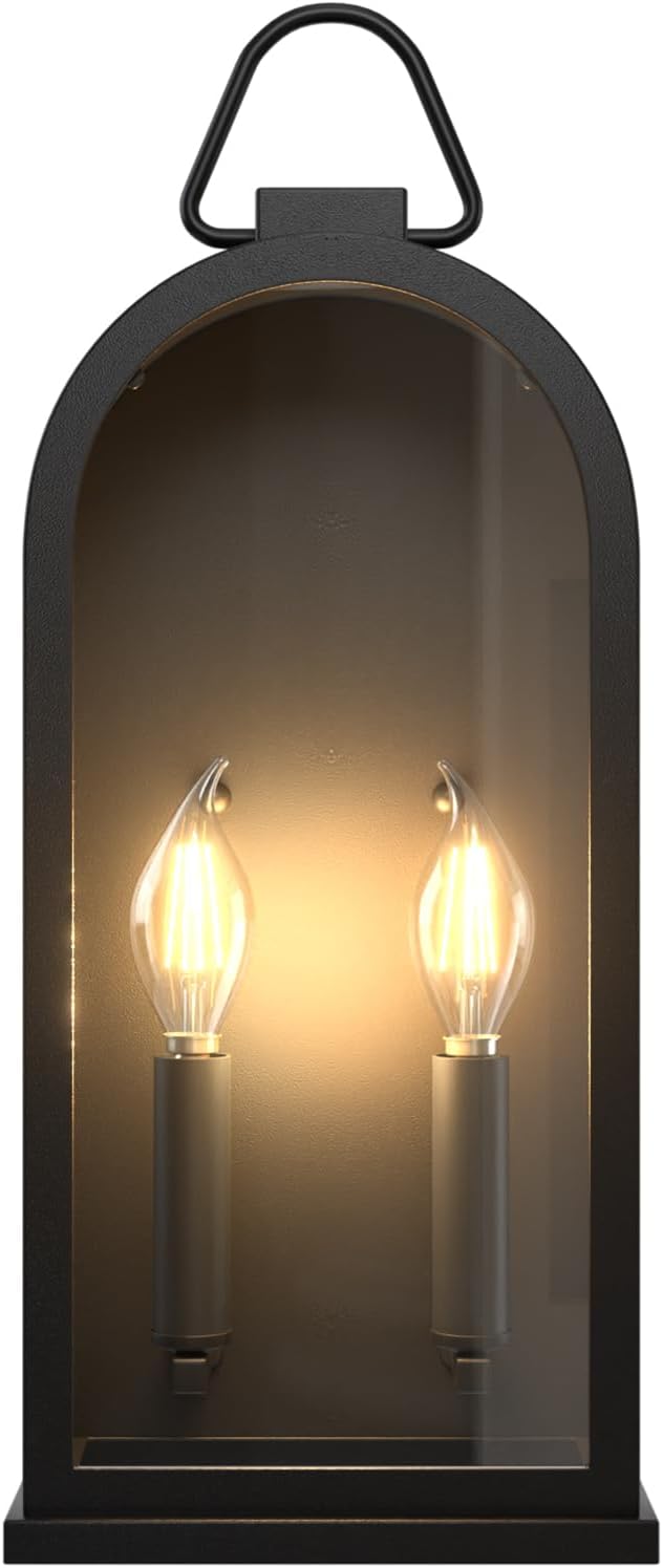 Outdoor Wall Light Fixtures, 2 Light Porch Lights Outdoor, Matte Black Exterior Waterproof Wall Sconce with Glass Shade, Outside Lantern for House Garage Doorway Patio Entryway, E12 Socket