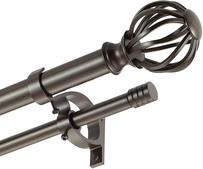 Brown Double Curtain Rods 72-144", Decorative Double Curtain Rods with Round Cage & Barrel Finials, 1-Inch Front and 5/8 Inch Back Double Rod Curtain Rod, Adjustable Double Drapery Rod