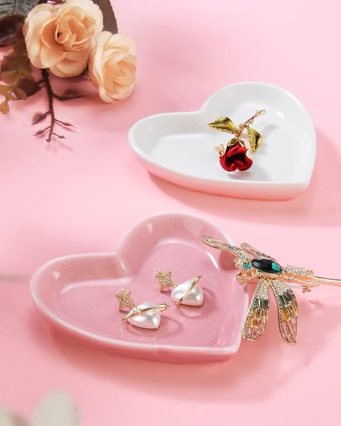 Pink Heart Jewelry Tray, Engagement Wedding Ring Dish Earring Holder for Newlyweds, Sweet Gift for Women, Ceramic. NO ROSE.