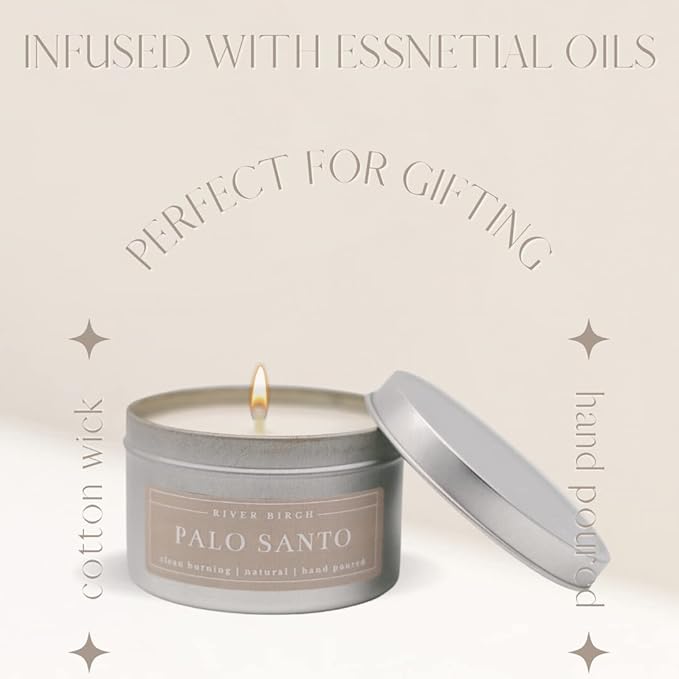 River Birch Premium, All-Natural, Non-Toxic Soy Candles | Palo Santo Scented | 8 oz. Silver Tin Travel Candle | Cozy Relaxing Gifts for Home