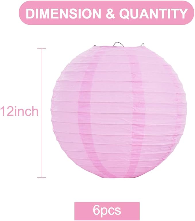 BEISHIDA 12-Inch Pink Round Paper Lanterns Hanging Decorative Chinese Paper Lanterns Lamp for Valentine Birthday Wedding Party Decoration and Baby Bridal Shower（6 Packs）
