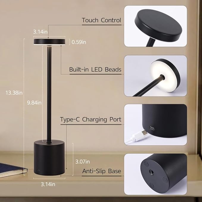 Rechargeable Cordless Table Lamp,Portable Outdoor 5000mAh Battery Operated LED Table Light Touch Control 3 Color Dimmable for Bedroom,Patio,Cofee,Camping,Dining,Restaurant&Livingroom-Black