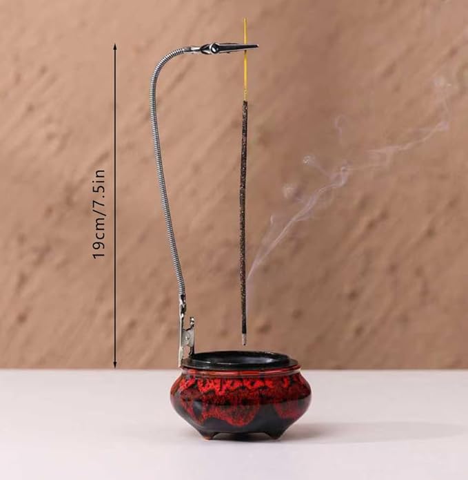 Incense Burner with Calabash Incense Stick Holder - Porcelain Charcoal Censer for Use with Resin Granular Powder Cone or Coil Incense (Fambe Red)