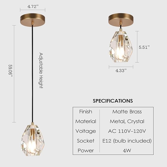 Prism Crystal Pendant Lighting, Matte Brass Ceiling Pendant Light Fixture, Modern Pendant Island Dimmable Light for Kitchen Dining Room