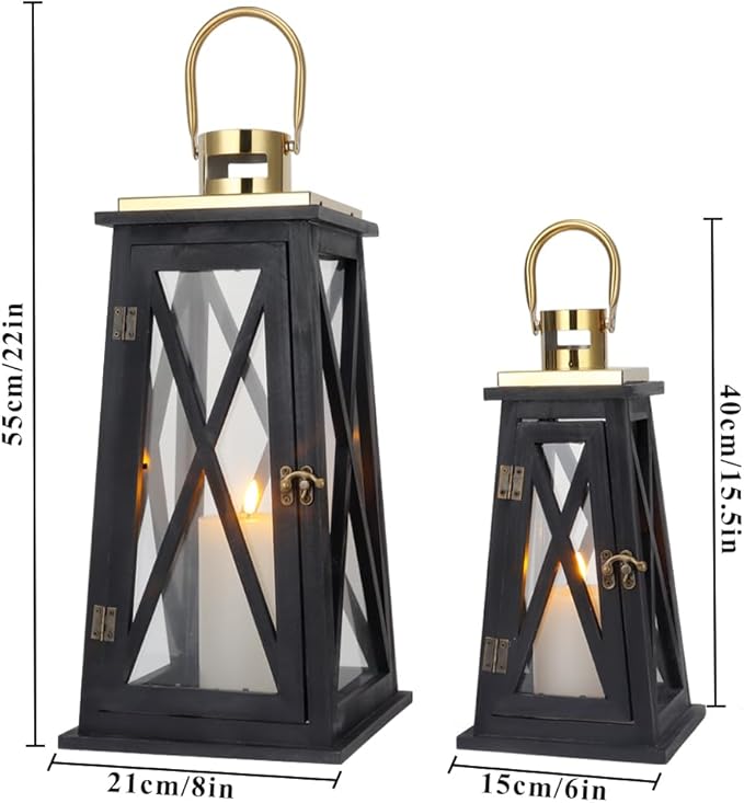 TRIROCKS Set of 2 Farmhouse Wood Candle Lantern 22'' &15.5'' H Decorative Candle Holders with Tempered Glass Rustic Hanging Lantern for Garden Patio Wedding Parties Indoor Outdoor(Black Trapezoid)