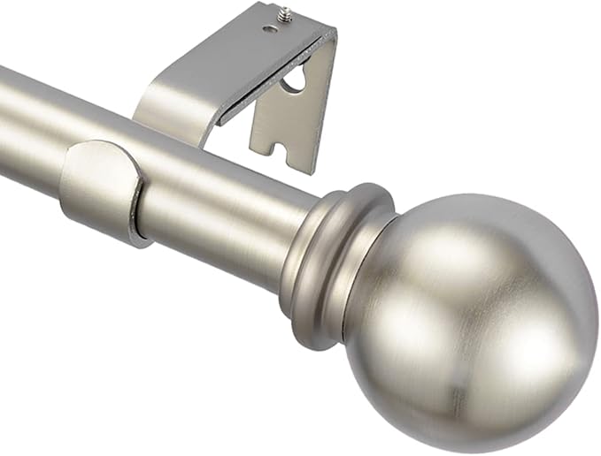 YunNephele Window Curtain Rods 36-72 inches Nickel Brushed, Classic Ball Finials Design Curtain Rod, 1 inch Metal Iron Single Drapery Rod, Heavy Duty Adjustable Curtain Rod Set