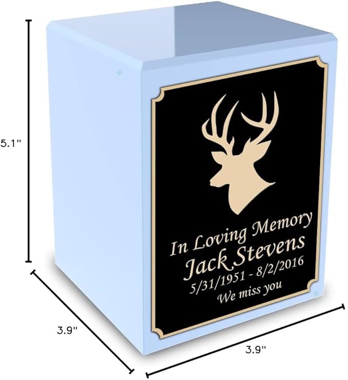 GetUrns Custom Deer Small Urn Box for Human Ashes I Personalized Wooden Keepsake Cremation Urn for Male or Female I Light Blue Memorial Box I 40lbs