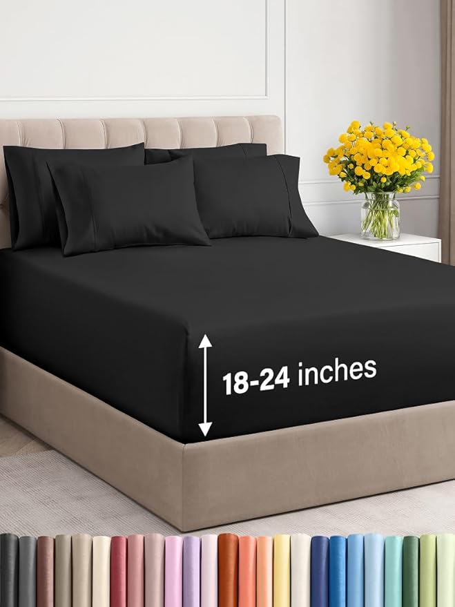 Extra Deep Full Sheet Set - 6 Piece Breathable and Cooling Sheets - Hotel Luxury Bed Sheets Set - Easy & Secure Fit - Soft, Wrinkle Free and Comfy Sheets Set - Black Sheet Set with Extra Deep Pockets