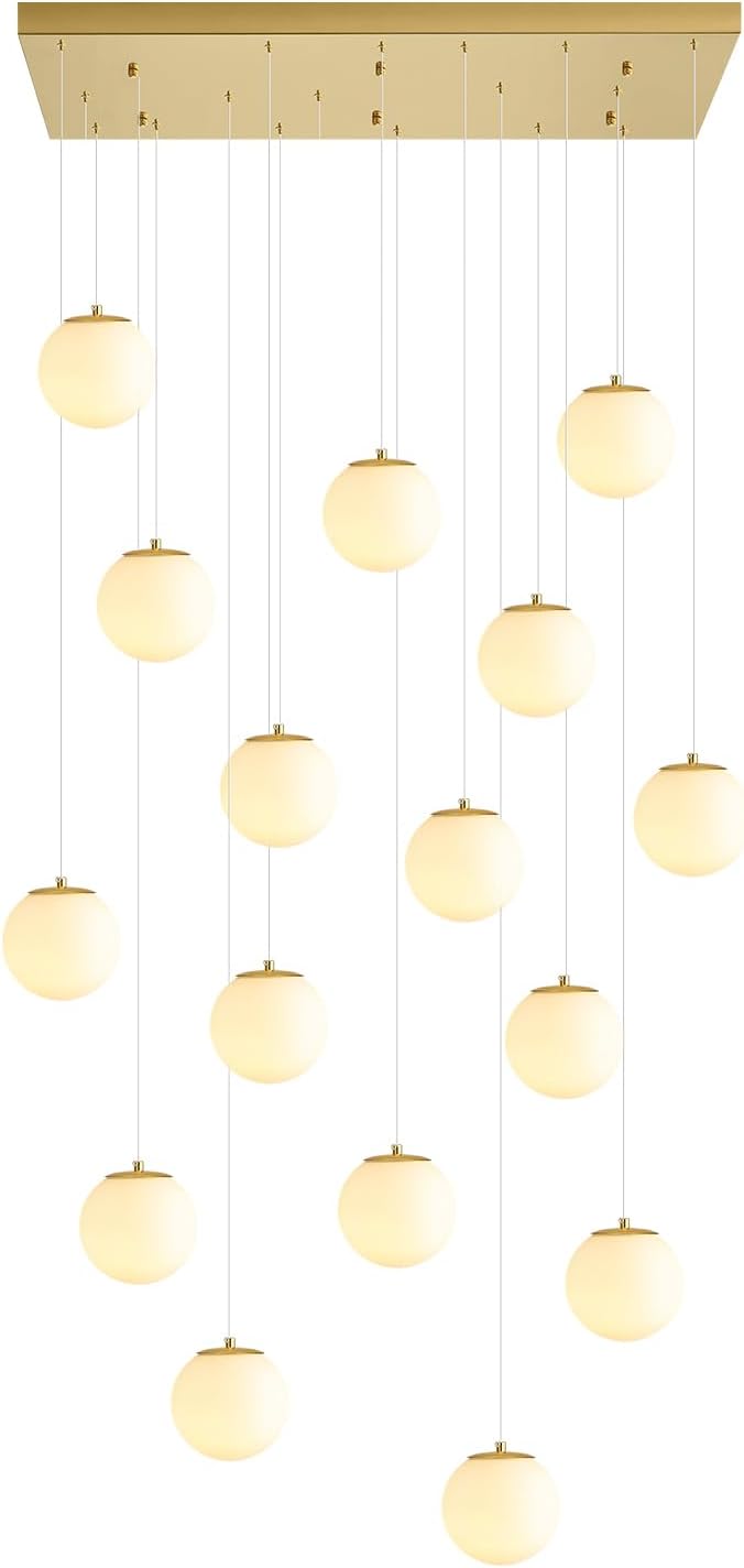 16-Light Gold Chandelier with White Globe Glass Dimmable Ceiling Light Glass Pendant Light for Kitchen Island, Dining Room, Living Room, Entry Hallway