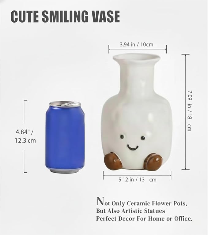 Cute Smile Face Vase – White Ceramic Cute Flower Vase for Home Decor, Modern Decor Vase for Living Room Bedroom, for Women Friends Family