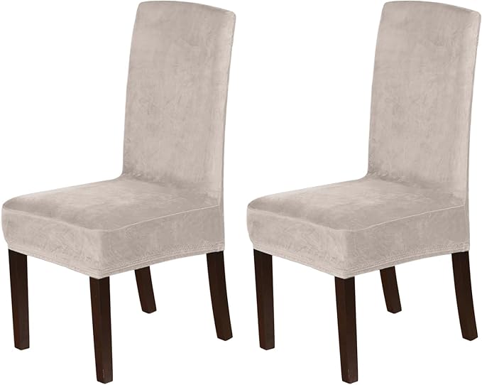 H.VERSAILTEX Velvet Dining Chair Covers Stretch Chair Covers for Dining Room Set of 2 Parson Chair Slipcovers Chair Protectors Covers Dining, Soft Thick Solid Velvet Fabric Washable, Oatmeal