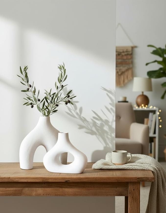 Carrot's Den Donut Vase, Set of 2 - White Large Ceramic Vase - Minimalist Nordic, Hollow | Table Centerpiece, Olive Plant, Wedding, Living Room, Bookshelf, Office, Modern Home, Entryway, Console
