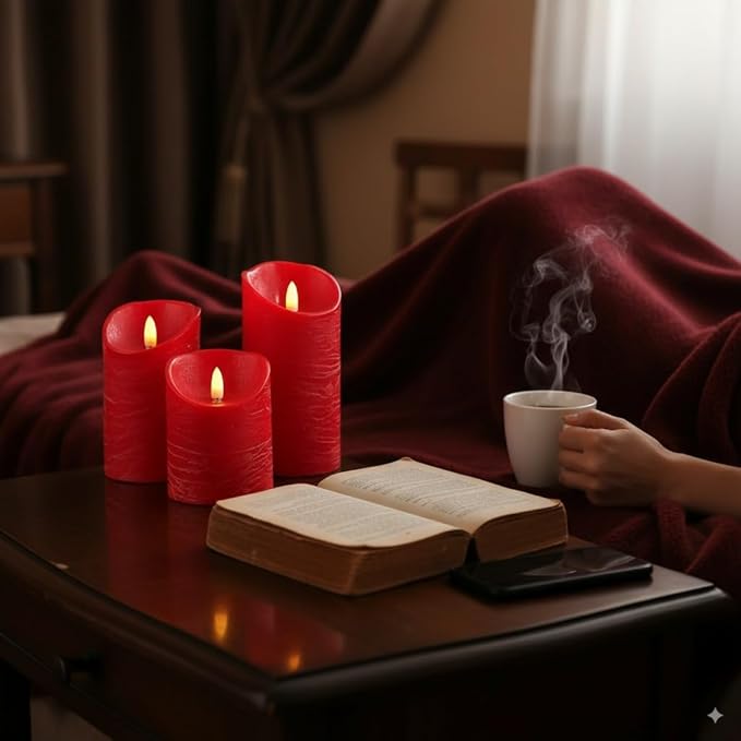 VENTA Flickering Flameless Candles with Remote Control - Battery Operated Candle for Decoration Table, Timer & Dimmer Features, Set - 3Pcs (4",5",6") (Red)
