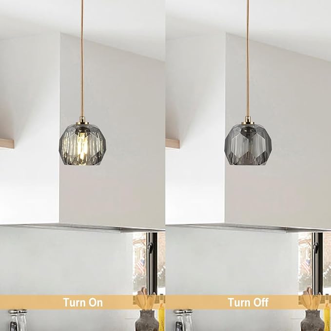 Modern Pendant Lighting, Smoke Crystal Small Pendant Light Fixture for Kitchen Island, Brushed Brass Ceiling Light Single Pendant Light for Dining Room Bathroom