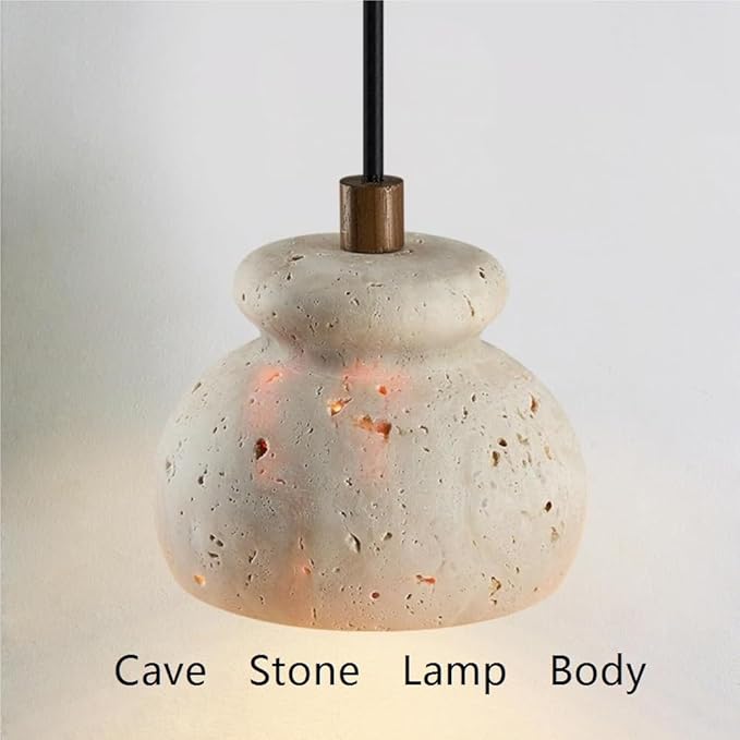 Modern Natural Travertine Stone Pendant Light Minimalist Solid Wood Pendant Lamp Adjustable Cord Hanging Lamp for Bedside Dining Kitchen Cafe Bar Decorative Fixture
