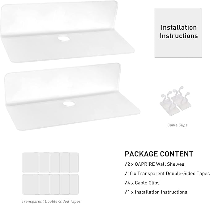 OAPRIRE Acrylic Floating Shelves Set of 2 - Damage Free Expand Wall Space - 9 Inch Adhesive Shelf for Bedroom, Bathroom, Kitchen, Shelves for Wall Decor with Cable Clips (Frosted)