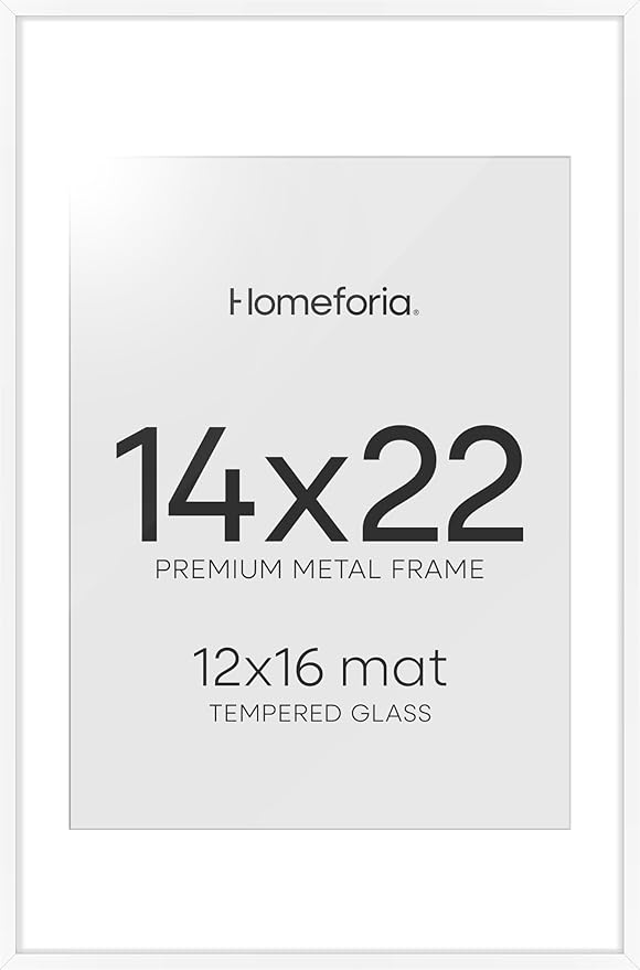 Homeforia 14x22 Picture Frame White, High End Metal 14 x 22 Poster Frames with Mat 12 x 16 for Photo, 14x22 White Frame Matted to 12x16 inch Print, 22x14 Thin Frame, Tempered Glass, Wall Kit, Set of 1