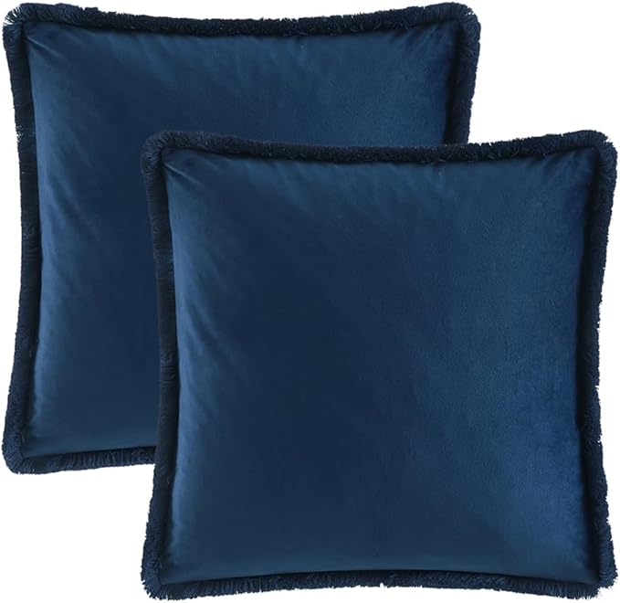 JUSPURBET Pack of 2 Navy Decorative Fringe Velvet Throw Pillow Covers 16x16 for Home Decor Living Room Bedroom Car Boho Soft Cushion Cover with Hidden Zipper Machine Washable