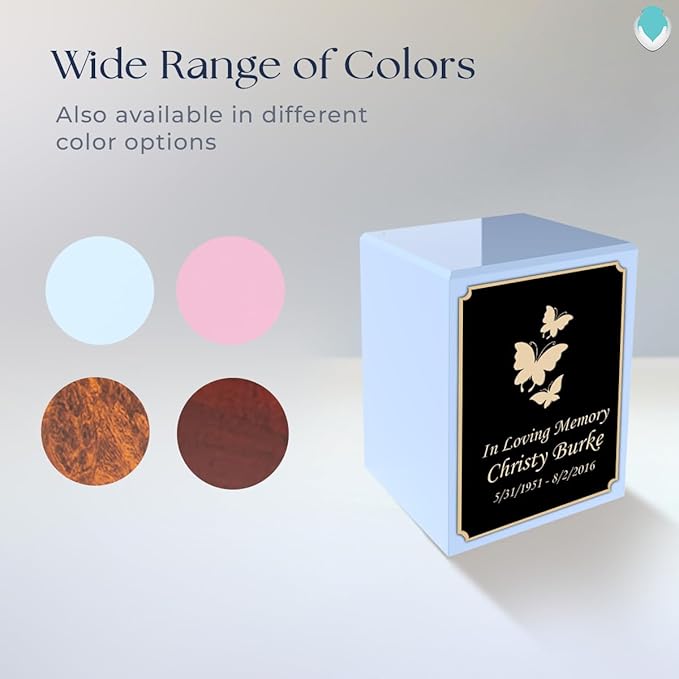 GetUrns Custom Butterfly Small Urn Box for Human Ashes I Personalized Wooden Keepsake Cremation Urn for Male or Female I Light Blue Memorial Box I 40lbs