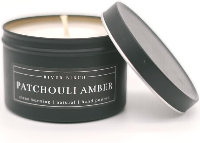 River Birch Candles Patchouli Amber Scented Candle | Premium, All-Natural, Non-Toxic, Soy Candles | 8 oz. Black Matte Tin Travel Candle | Cozy Relaxing Gifts for Home