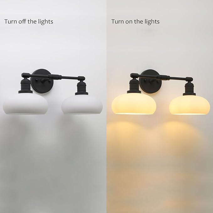 Pathson 2-Lights Milky Glass Wall Sconce, Hardwired Double Head Bathroom Sconces, Vintage Wall Lamps for Vanity Mirror, Living Room, Bedroom, Farmhouse Lighting