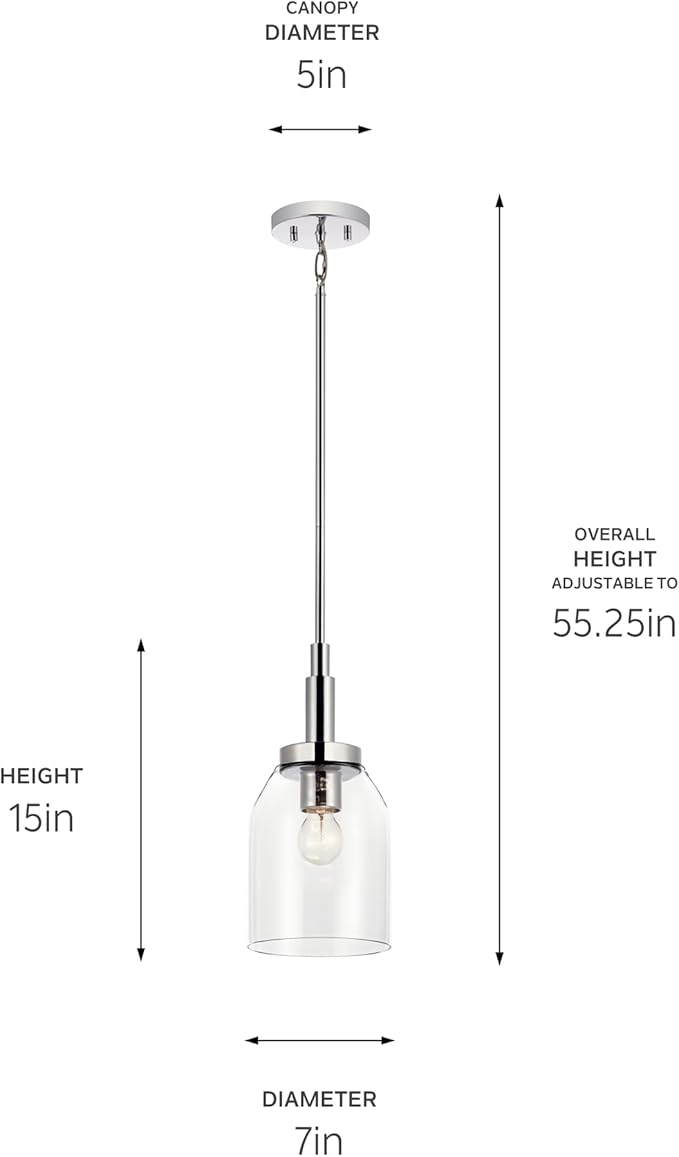 Kichler Madden 1-Light Mini Pendant with Clear Glass in Chrome, Sloped Ceiling Compatible, for Bathroom or Kitchen (15" x 7"), 52725CH