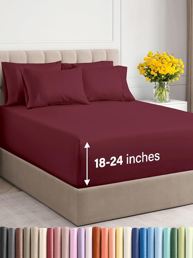Extra Deep King Sheet Set - 6 Piece Breathable & Cooling Sheets - Hotel Luxury Bed Sheets Set - Easy & Secure Fit - Soft, Wrinkle Free & Comfy Sheets Set - Burgundy Sheet Set with Extra Deep Pockets