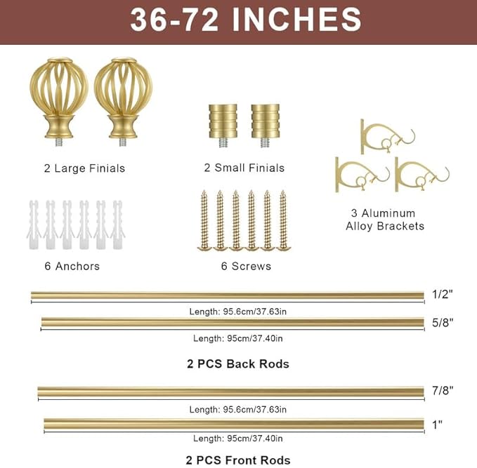 Brass Double Curtain Rods 36-72 Inch, Double Curtain Rods with Round Cage & Barrel Finials, 1-Inch Front and 5/8 Inch Back Double Drapery Rod, Telescoping Double Curtain Rod for Window