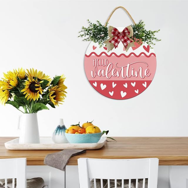 Boylee Hello Valentine Sign for Front Door Decorations, Rustic Round Wood Holiday Sign, Front Door Wreath Burlap Wooden Hanging Signs for Outdoor Farmhouse Porch Home Spring Holiday Decor