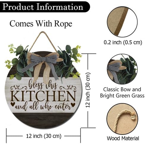 Wooden Bless This Kitchen And All Who Enter Sign 12inch, Rusitc Kitchen Hanging Wall Plaque, Farmhouse Wall Signs for Home Dining Living Room Decoration