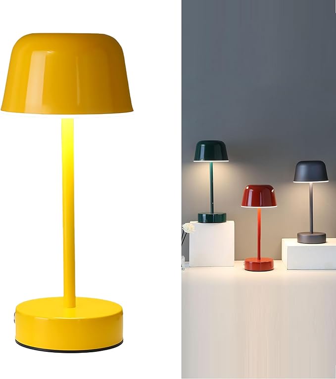 Rechargeable Table Lamp, Yellow Mushroom Table Lamp with USB Port, Battery Operated Touch Small Lamp for Nightstand, Bedside, Bedroom, Living Room, Dining Room