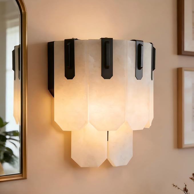 Modern Wall Sconce with Alabaster Shade - Piano Key Design Bathroom Vanity Light for Mirror, Bedroom, Hallway | Hardwired, E12 Bulb, Steel Frame (12" W)