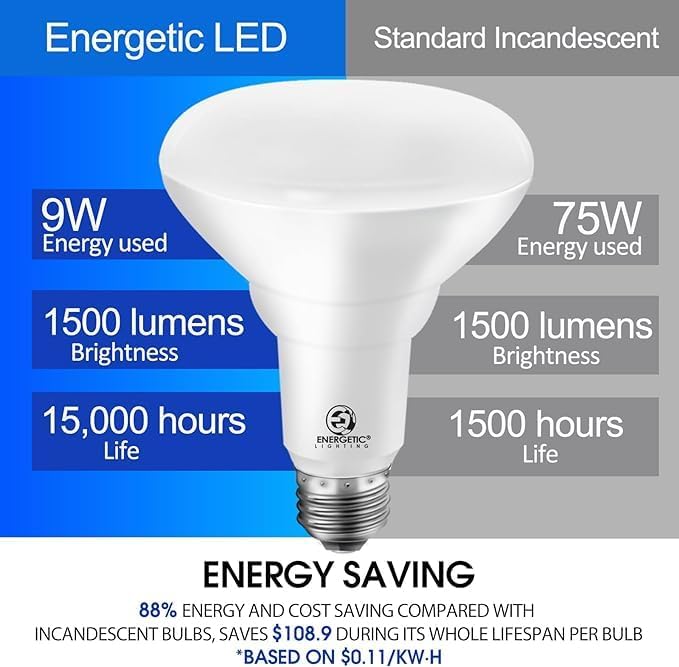 Energetic BR30 LED Recessed Light Bulb, 9W=75W, 2700K Soft White, 900LM, Dimmable Ceiling Flood Light Bulb for Cans, CRI80+, 2Pack