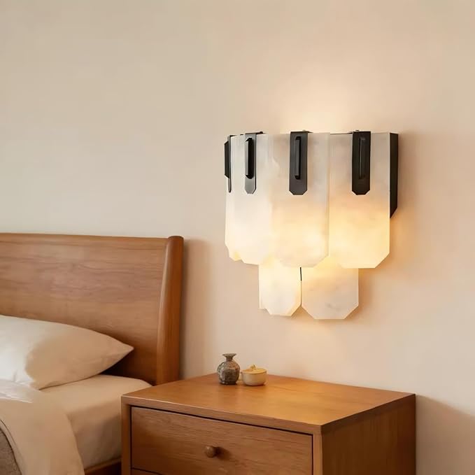 Modern Wall Sconce with Alabaster Shade - Piano Key Design Bathroom Vanity Light for Mirror, Bedroom, Hallway | Hardwired, E12 Bulb, Steel Frame (12" W)
