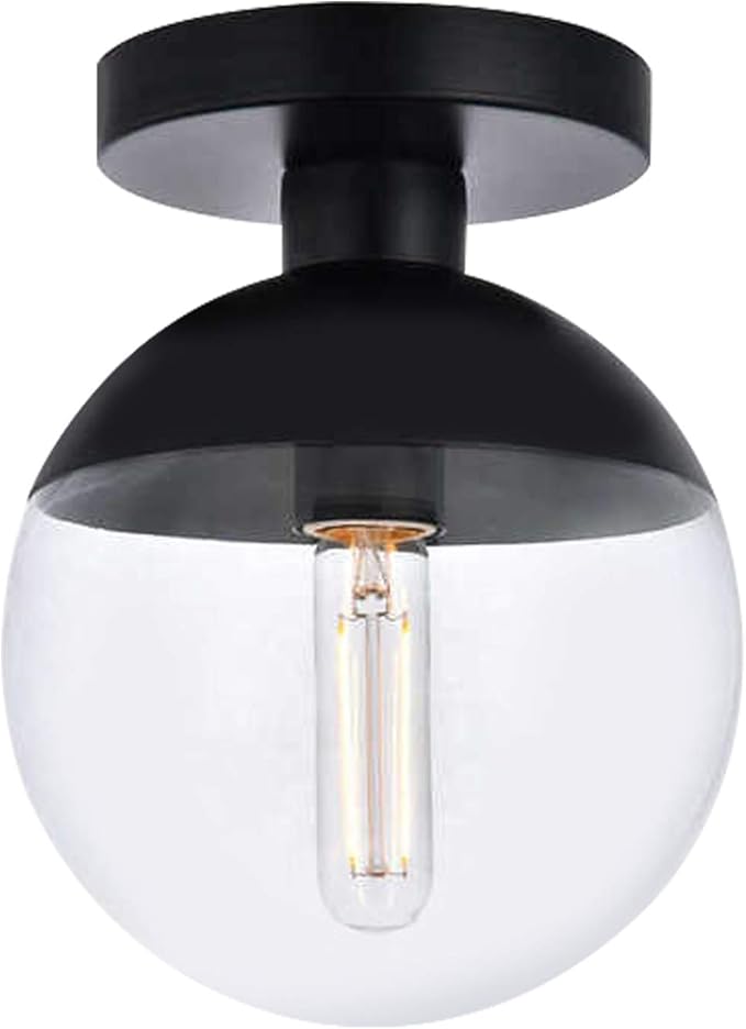Modern Clear Glass Ceiling Light Fixture with 1-Light, A1A9 Industrial Sphere Glass Chandelier Fitting, E26 LED Semi-Flush Mount Pendant Lights for Kitchen, Bedroom, Bar, Counter, Cafe (Black)