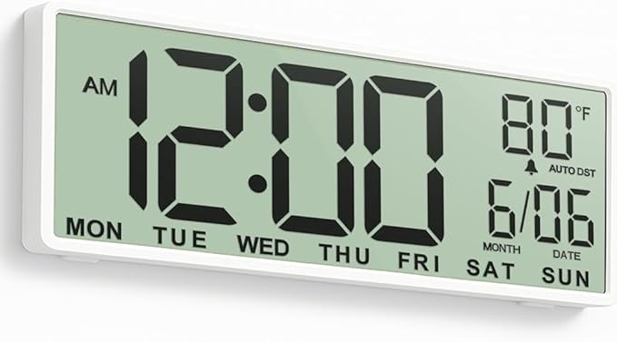 JALL 14.5" Large Digital Wall Clock Battery Operated with Big Digits LCD Screen Display, Day, Date, Alarm, Auto DST, Temperature for Living Room, Bedroom, Desk Decor, Mounted, Gift for Elderly