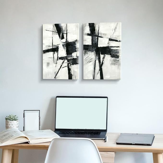 Black and White Abstract Wall Art: Modern Black & White Canvas Picture Prints Textured Stroke Graffiti Painting Contemporary Artwork for Living Room