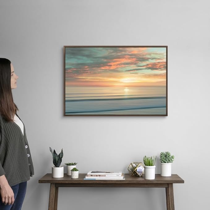 CANVAS ON DEMAND Beach Sunrise Walnut Float Framed Canvas Wall Art Print by Alex Hanson, Contemporary, Home Decor, Ocean Artwork,30" x20in
