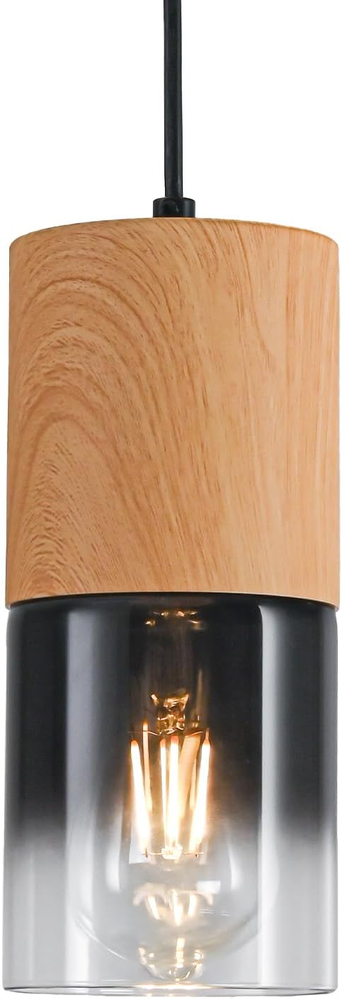 Modern Pendant Lights for Kitchen Island, Adjustable Black Pendant Light Fixtures with Raw Wood Grain, Industrial Glass Pendant Lights for Dining Table Hallway Bedroom Living Room,1 Pack