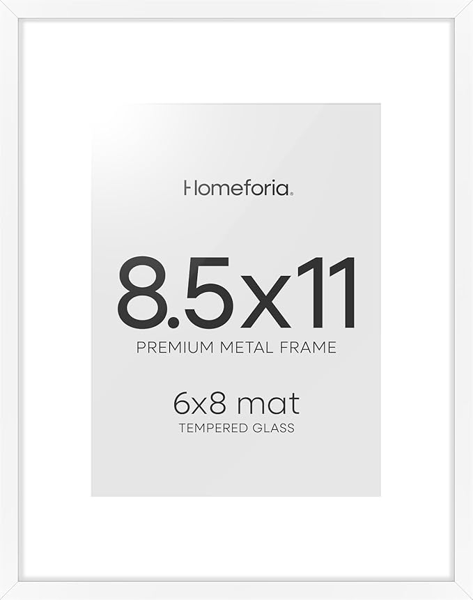 Homeforia White Picture Frame 8.5 x 11, High End Metal 8.5x11 Poster Frames with Mat 6x8 Photo, 8.5 x 11 Frame Matted to 6 by 8 Art, 8.5by11 Wall or Tabletop Frames, Tempered Glass, Wall Kit, Set of 1