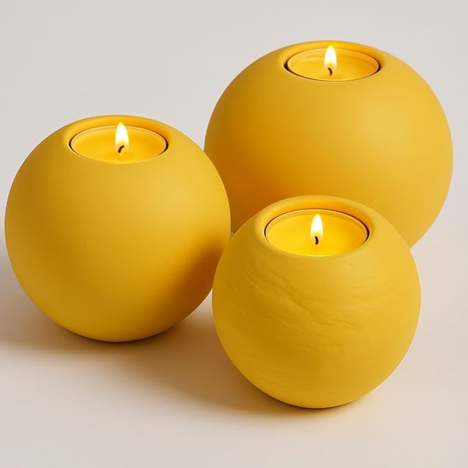 Concrete Sphere Tea Light Holder - Minimalist Centerpiece - Candle Holder - Modern Interior Design (Marigold Yellow, Large Sphere)