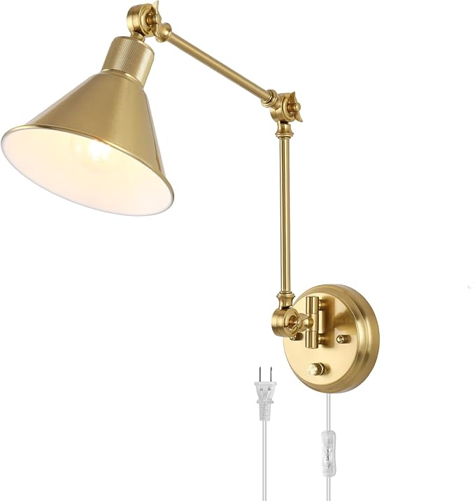 TRLIFE Wall Sconce Plug in, Brushed Brass Dimmable Wall Sconce Swing Arm Wall Lights Plug in Wall Mounted Light with 6FT Plug in Cord, E26 Base, UL Listed(1 Pack)