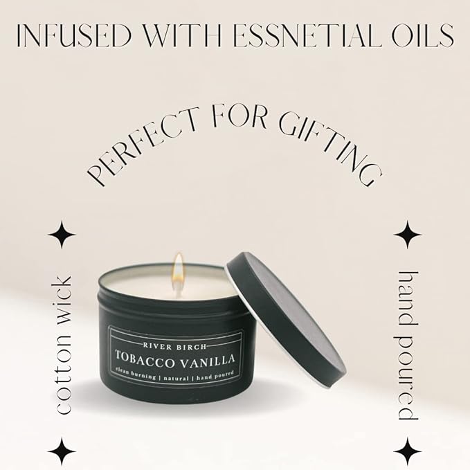 River Birch Candles Tobacco Vanilla Scented Candle | Premium, All-Natural, Non-Toxic, Soy Candles | 8 oz. Black Matte Tin Travel Candle | Cozy Relaxing Gifts for Home
